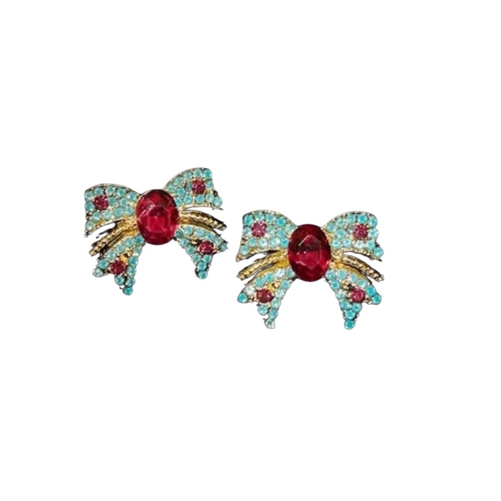 Blue Rhinestone Bow Stud Earrings - Picture 1 of 3